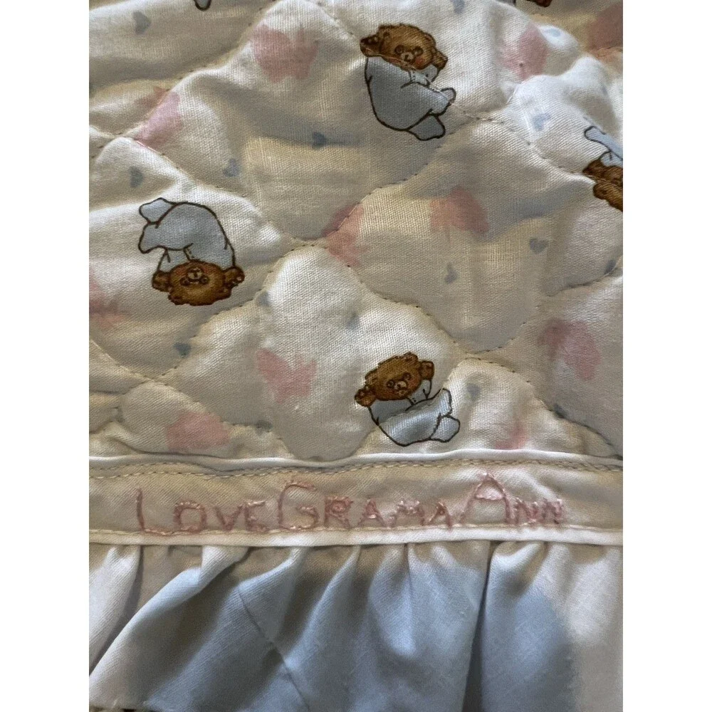 Vtg Handmade Nursery Panel Baby Quilt with Ruffle Custom Cottagecore Teddy Bear